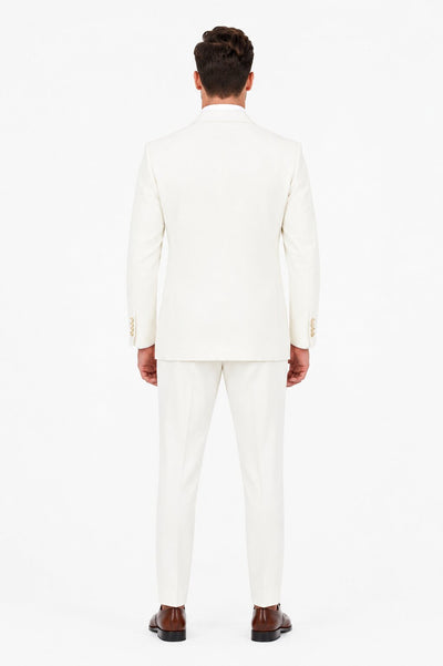 Men's Off White Statement Ticket Pocket Peak Lapel Wool Double Breasted Vest Suit with Gold Buttons – Modern Fit