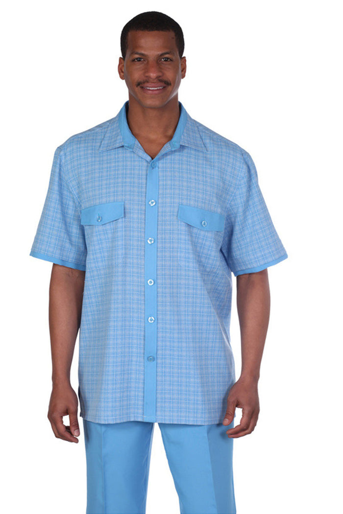 Mens Short Sleeve Mini Plaid Walking Suit in Blue