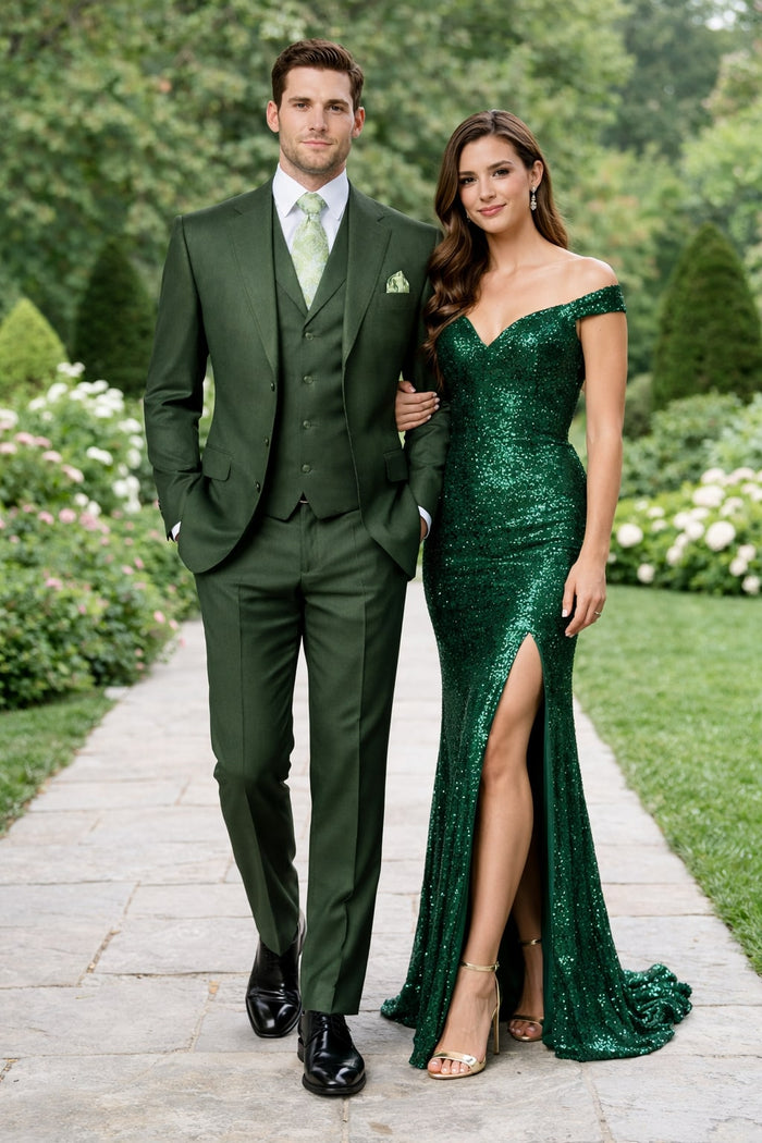 Men's Double Vents 3 Button Olive Green Cheap Priced Business Suits Clearance Sale