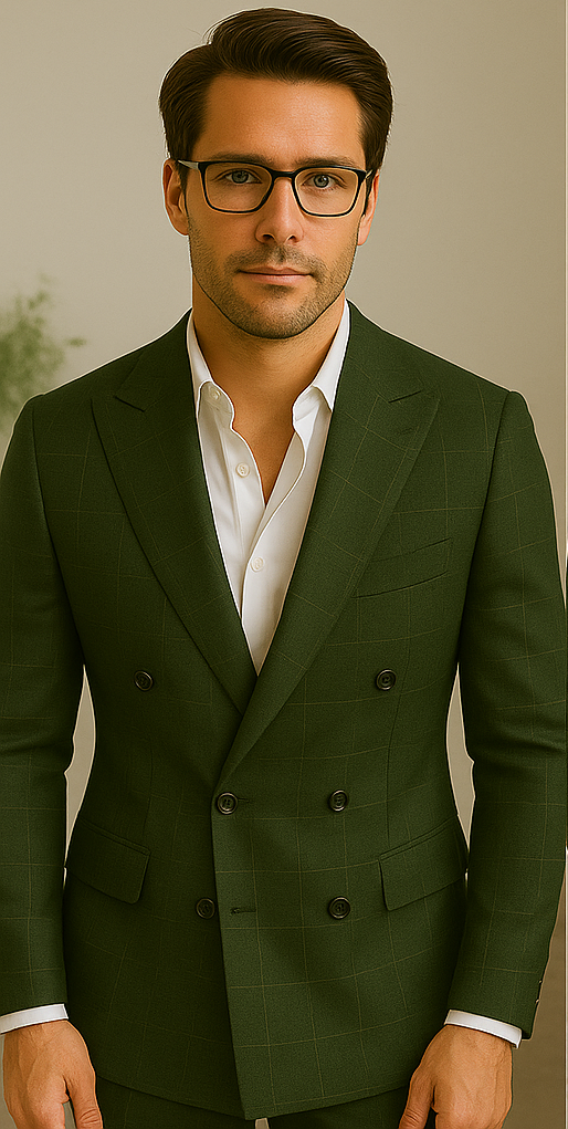 Italian Double Breasted Windowpane Wool Suit