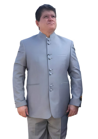 Online Indian Wedding Outfits ~ Mandarin ~ Nehru Collar Jacket Collarless Style Light Grey~Gray  8 Button Suit