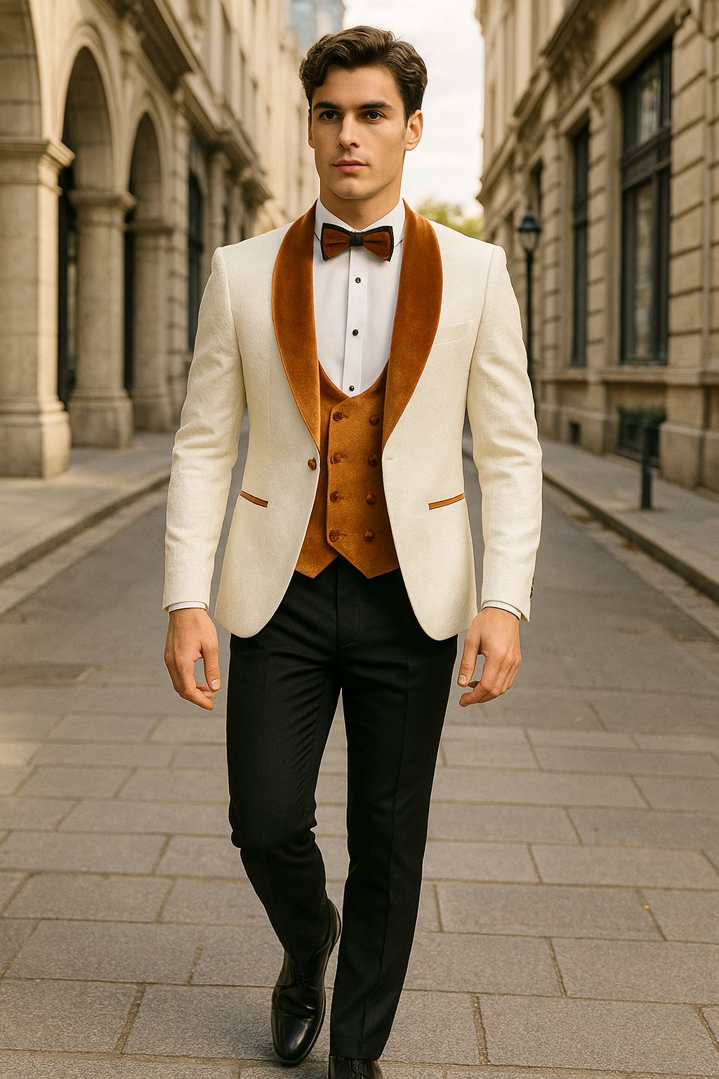 Burnt Orange Paisley Velvet 4pc Suit with Bowtie