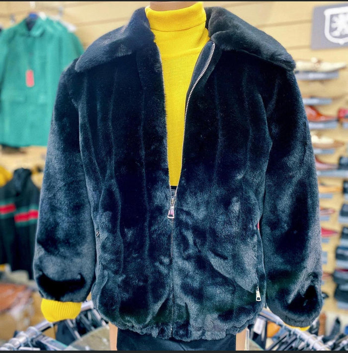 Men’s Black Faux Fur Zip-Up Jacket