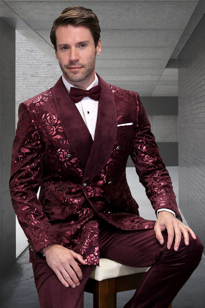 Men’s Burgundy Floral Jacquard Tuxedo Dinner Jacket – Paisley Velvet Lapel Formal Wear for Weddings and Prom