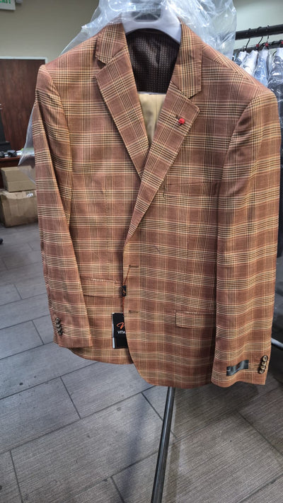 Vitali Men’s Rust Copper Brown Plaid Blazer with Tan Pants – Classic Windowpane, Business and Smart-Casual Birck color  Suit
