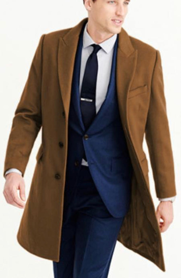 Men’s Camel Brown Wool Overcoat - Classic Long Dress Coat