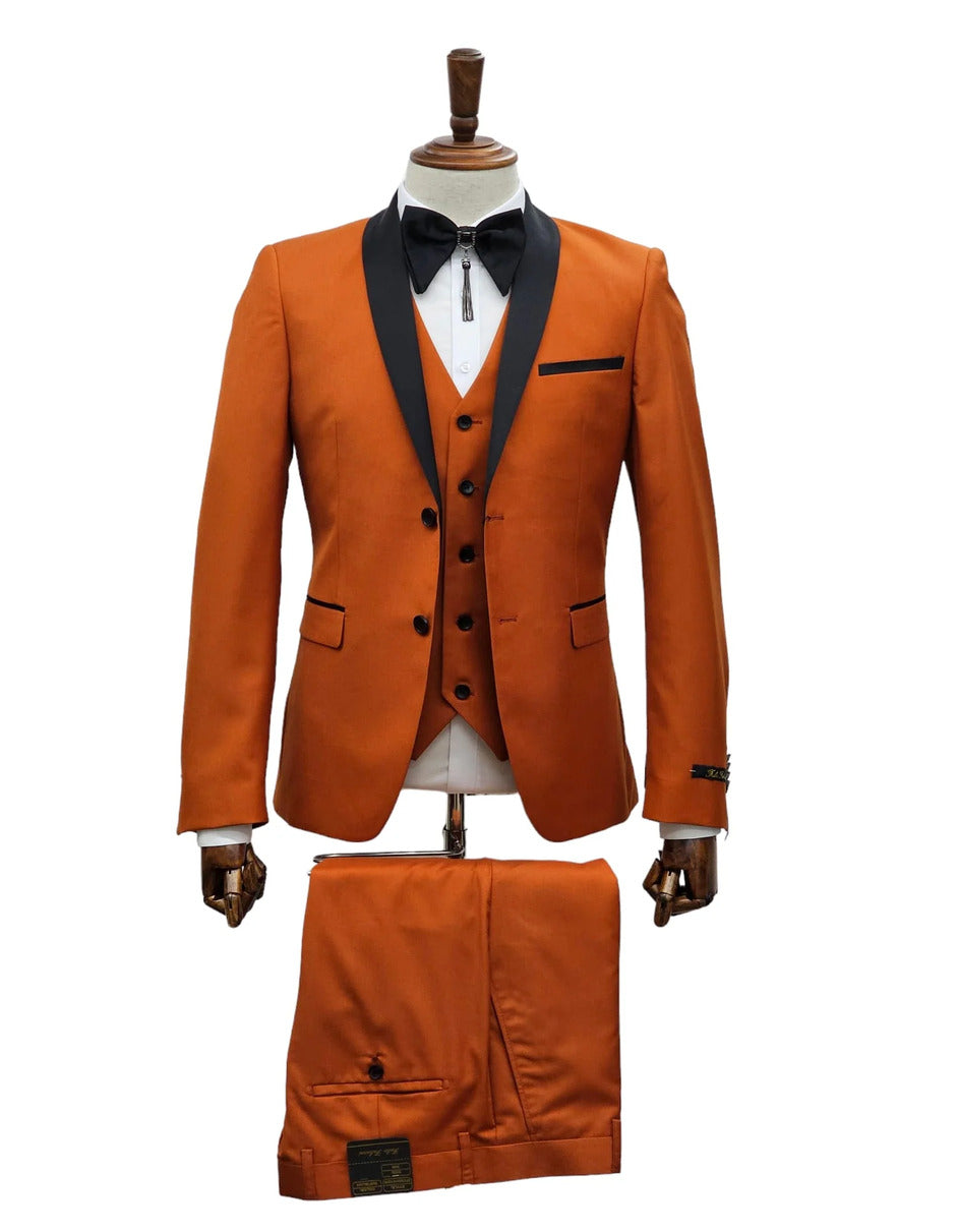 Burnt Orange 3-Piece Slim Tuxedo, Satin Shawl Lapel