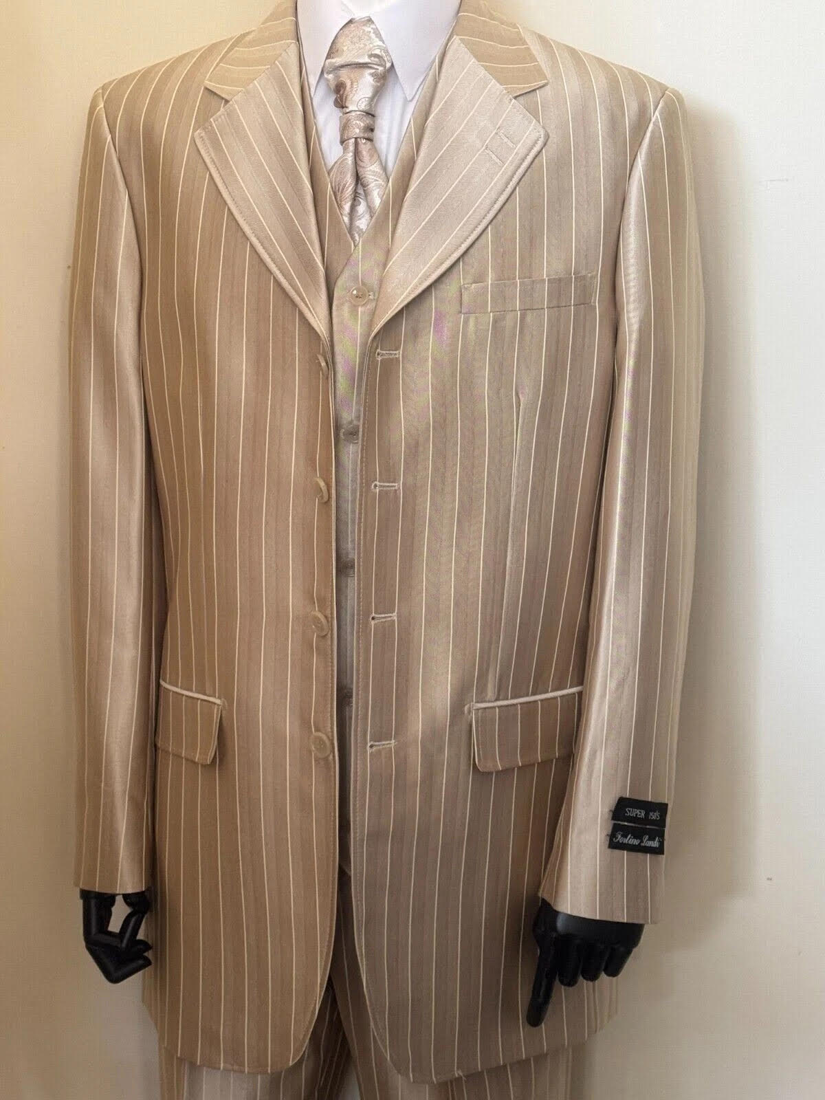 Men’s 1920s Vintage Beige Pinstripe Three-Piece Suit – Classic Fit Jacket, Vest and Trousers - Champaign Tan Color