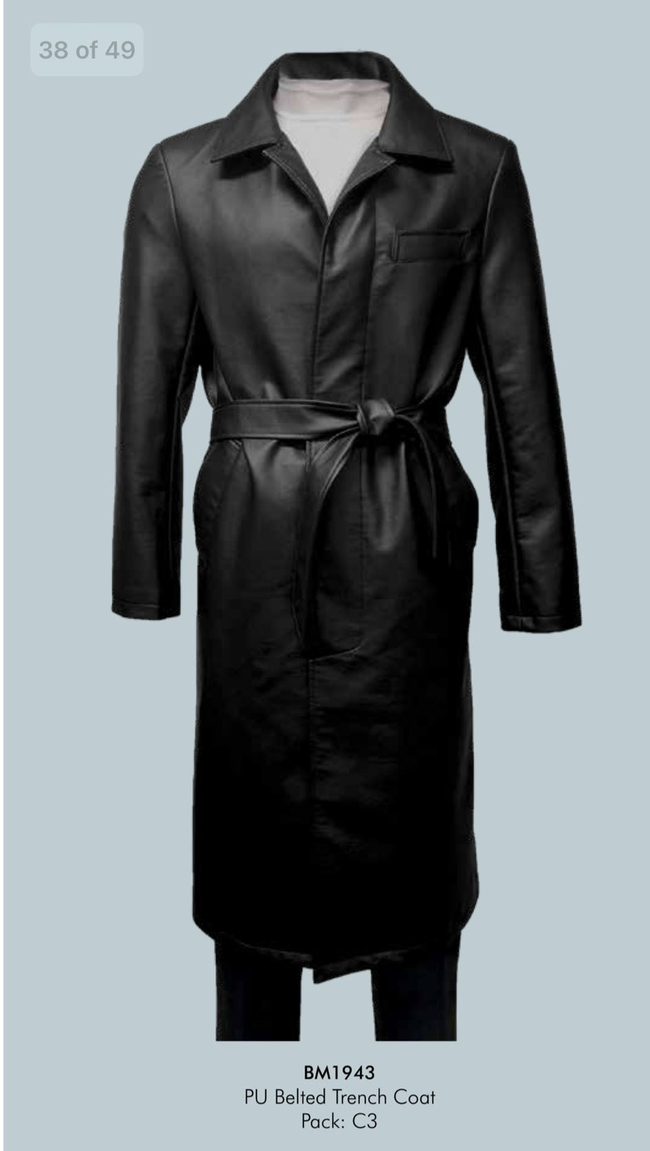 Men’s Black PU Belted Trench Coat – Long Leather Look Overcoat Full length