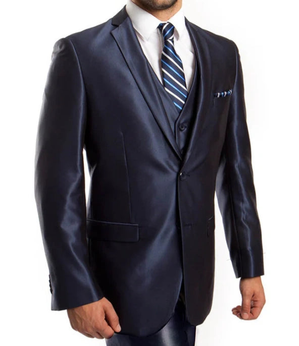 Men’s Navy Blue Sharkskin 3 Piece Suit – Two Button Vested Sleek Formal Suit for Wedding, Prom, Business and Party Wear