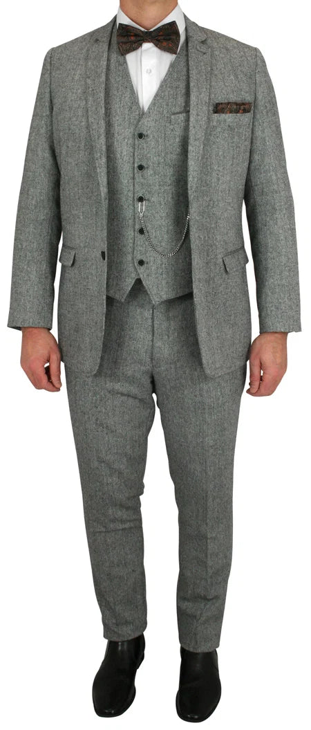 Men’s Grey Edwardian 3 Piece Suit – Vintage Victorian Wedding Suit with Vest Herringbone Tweed Fabric