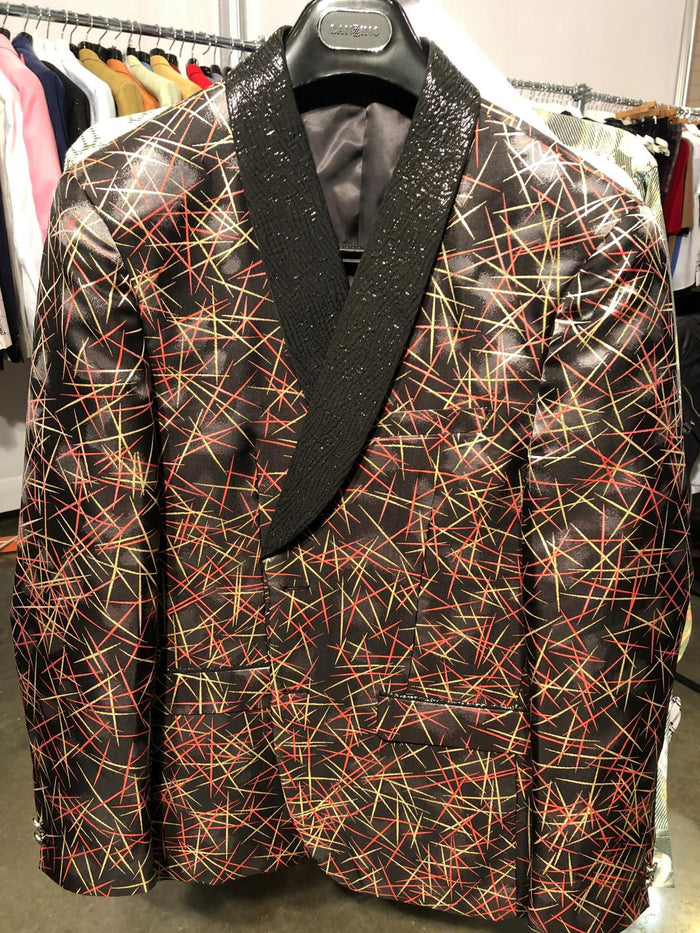 Men’s Black Blazer with Red & Gold Pattern
