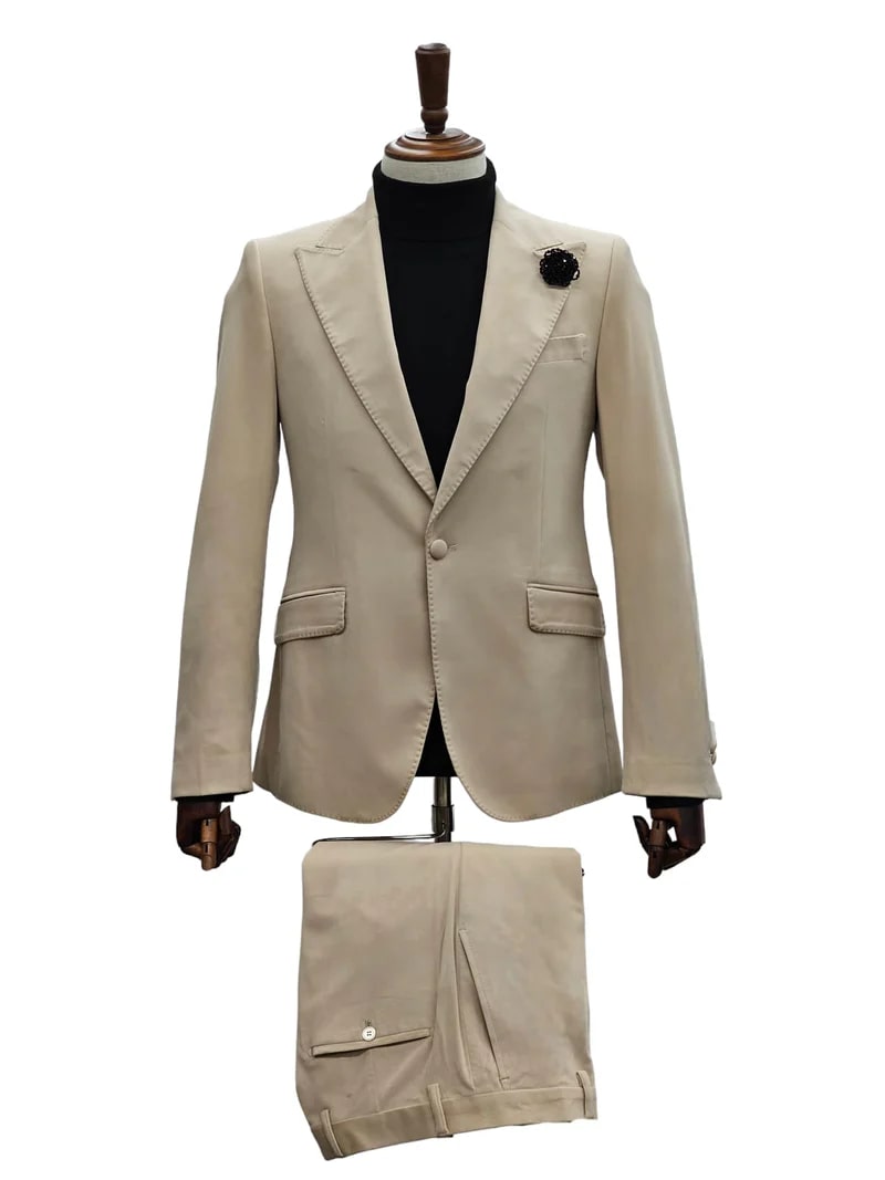 Sand Beige Velvet Slim Tuxedo Suit - 2 Piece Set