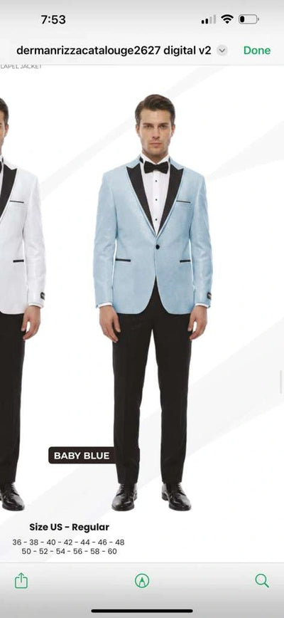 Men’s Baby Blue Tuxedo Blazer with Black Lapel – Formal Dinner Jacket for Wedding, Prom and Evening Events  in Sky Light Blue Color