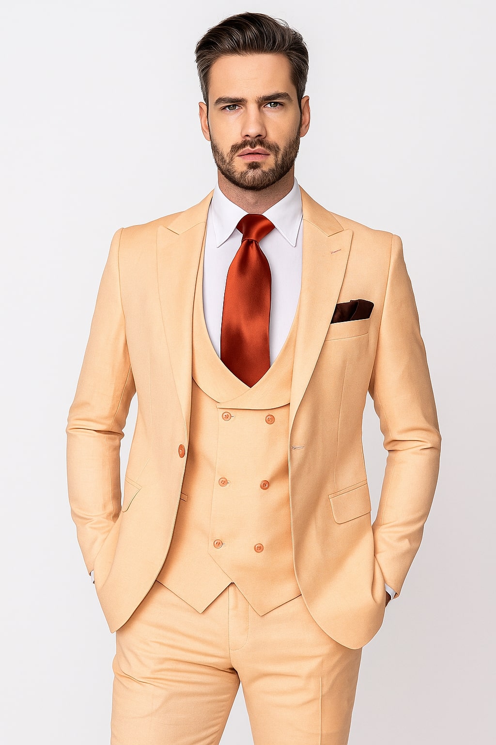 Men’s Peach 3-Piece Suit with Vest & Slim Pants