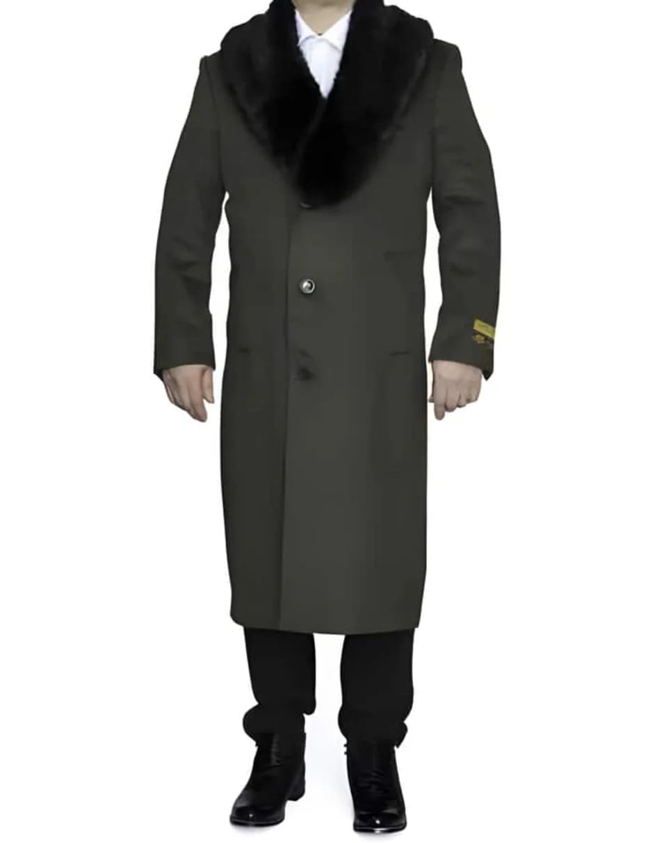 Men’s Olive Overcoat with Black Fur Collar