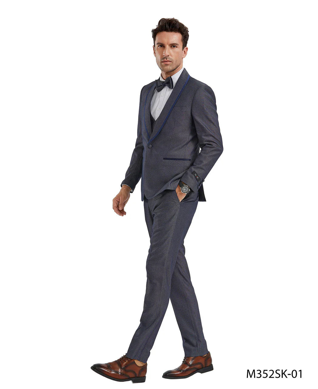 Charcoal Gray Slim Fit Suit with Blue Trim - 3 Piece