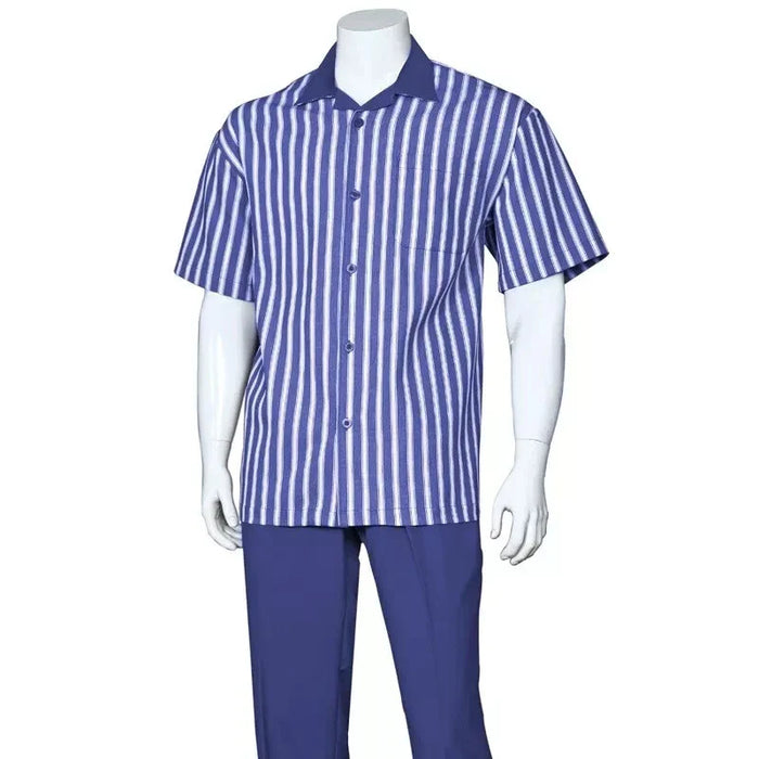 Blue White Stripe Shirt Set Short Sleeve - Summer Two-Piece