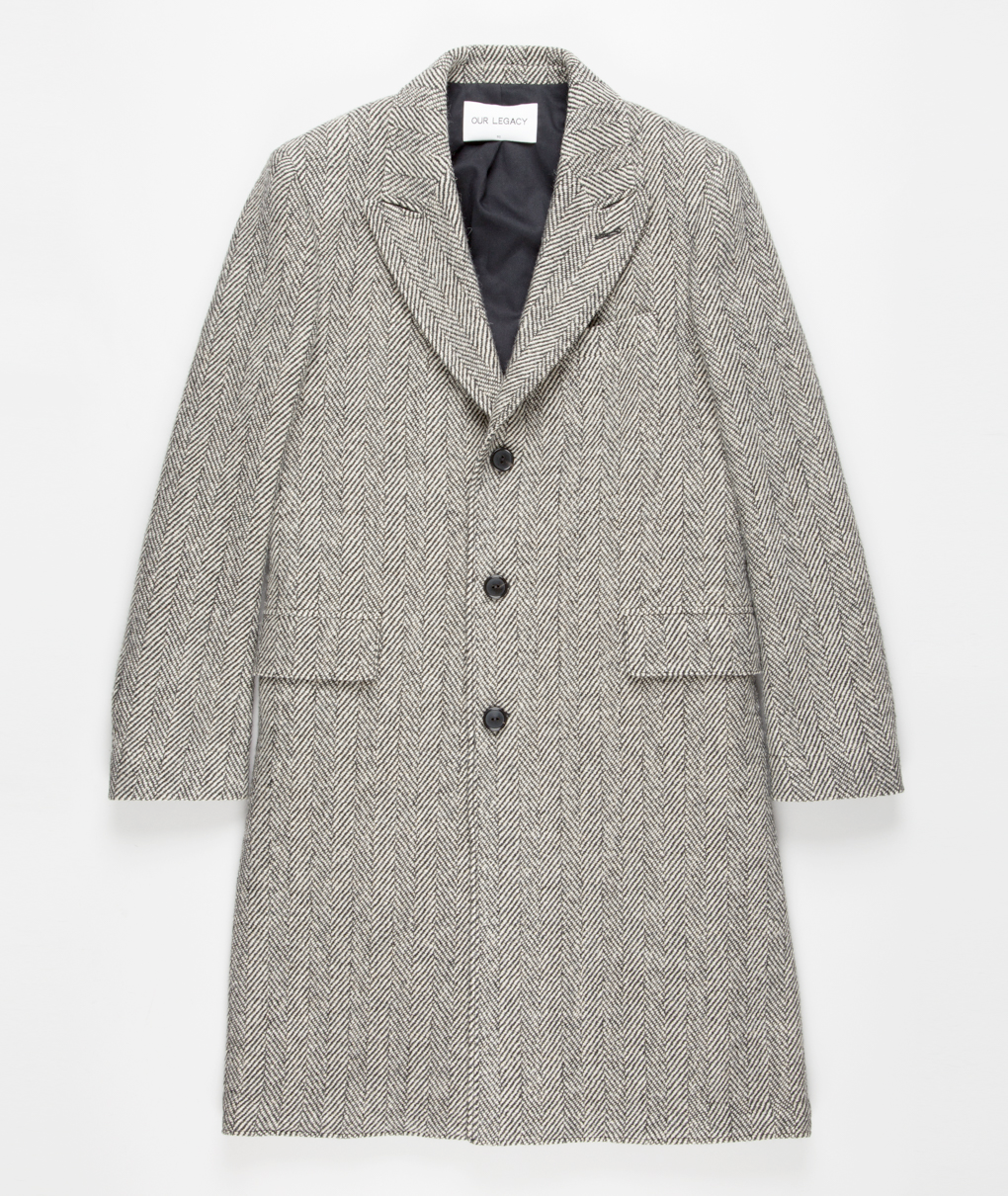 Men’s Grey Herringbone Long Overcoat – Tweed Black and White Pattern Wool Topcoat Three Qaurter