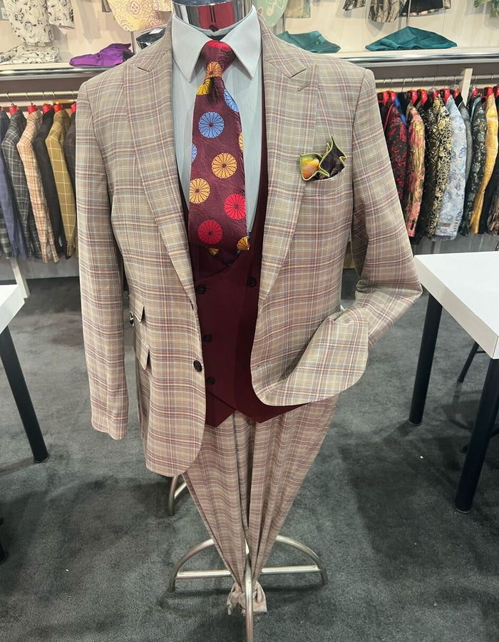 Light Brown Plaid Suit with Burgundy Vest & Floral Tie