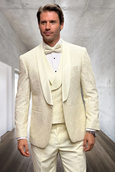Men’s Ivory Off White Jacquard Dinner Jacket – Cream Tuxedo Blazer for Weddings & Formal Events + Bowtie included