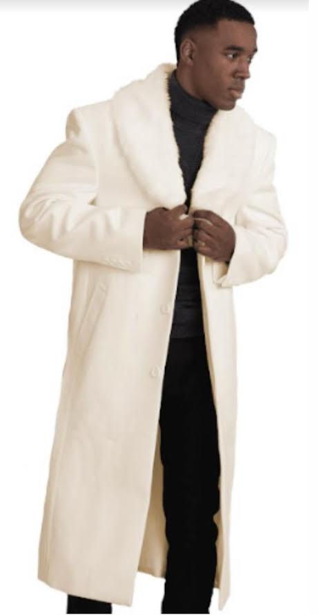 Ivory Full-Length Overcoat with Faux Fur Shawl Collar