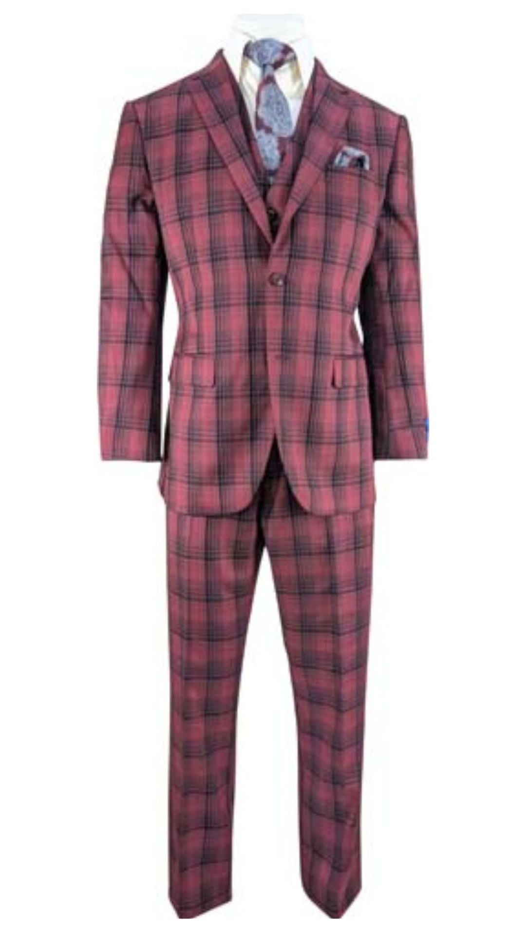 Red Burgundy Plaid 3-Piece Suit for Men