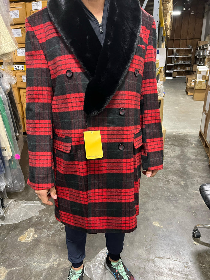 Tartan Christmas New Year Holiday Mens Red and Black Plaid Wool Overcoat with Black Faux Fur Shawl Collar – Double-Breasted Winter Coat - Tartan Design