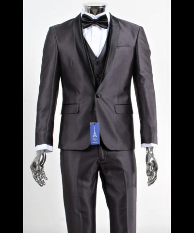 Men’s Shiny Sateen Charcoal Gray Tuxedo 3 Piece Suit with Black Shawl Lapel | Formal Wedding Prom Suit Sharkskin