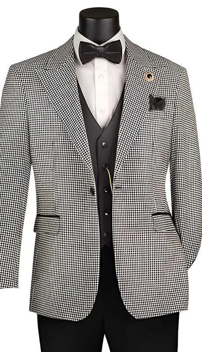 Men’s Black and White Houndstooth Gatsby Inspired Suit – Vintage Style Formal Suit for Wedding, Prom and Classic Events Blazer + Black vest + Black Pants