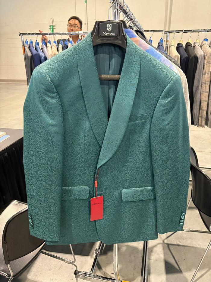 Teal Green Floral Jacquard Slim Tuxedo Blazer