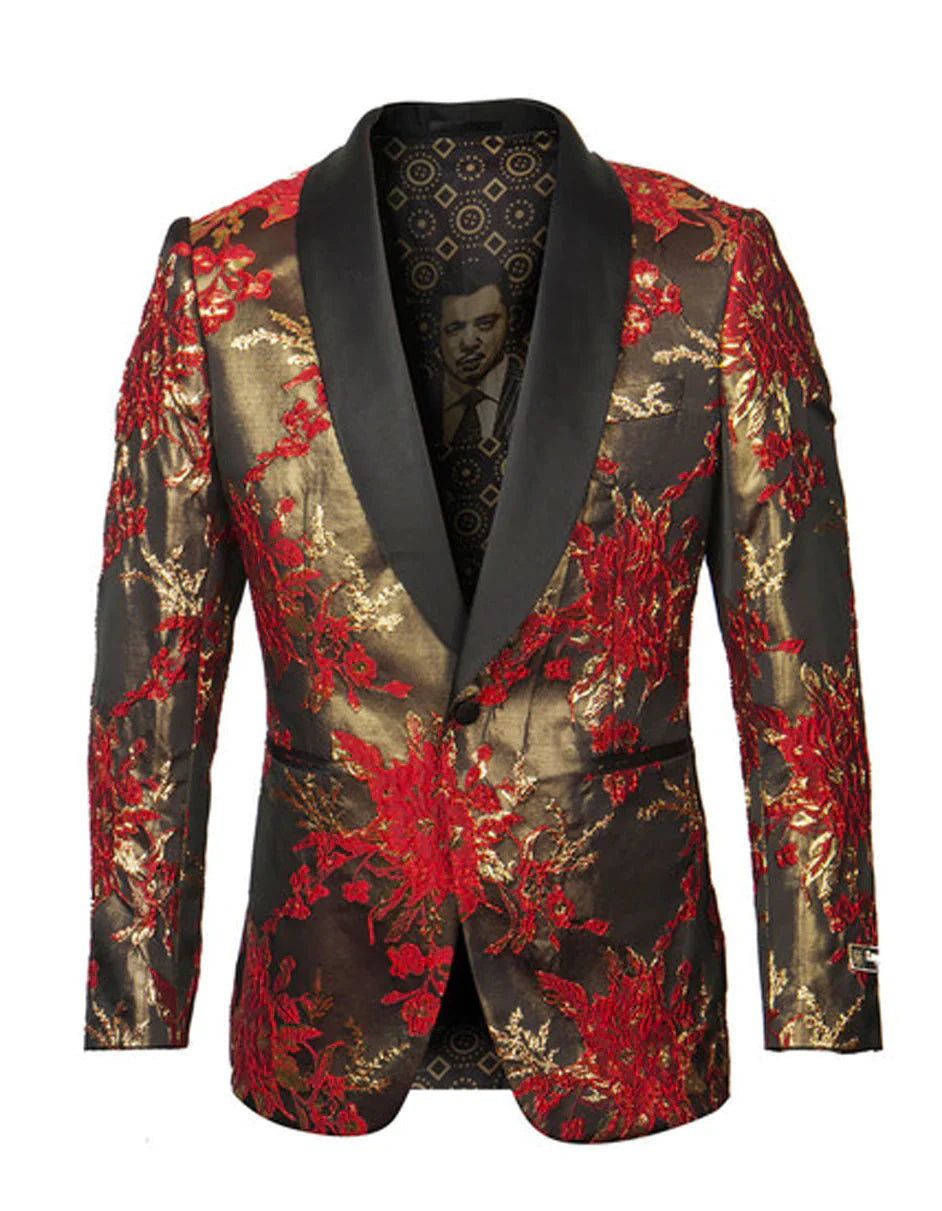 Men’s Red and Gold Floral Pattern Paisley  Shawl Lapel | Luxury Evening and Party Wear Jacket Prom Christmas New Year Blazer