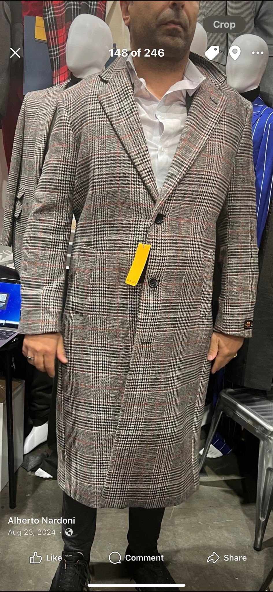 Long Plaid Checkered Wool Blend Overcoat for Men