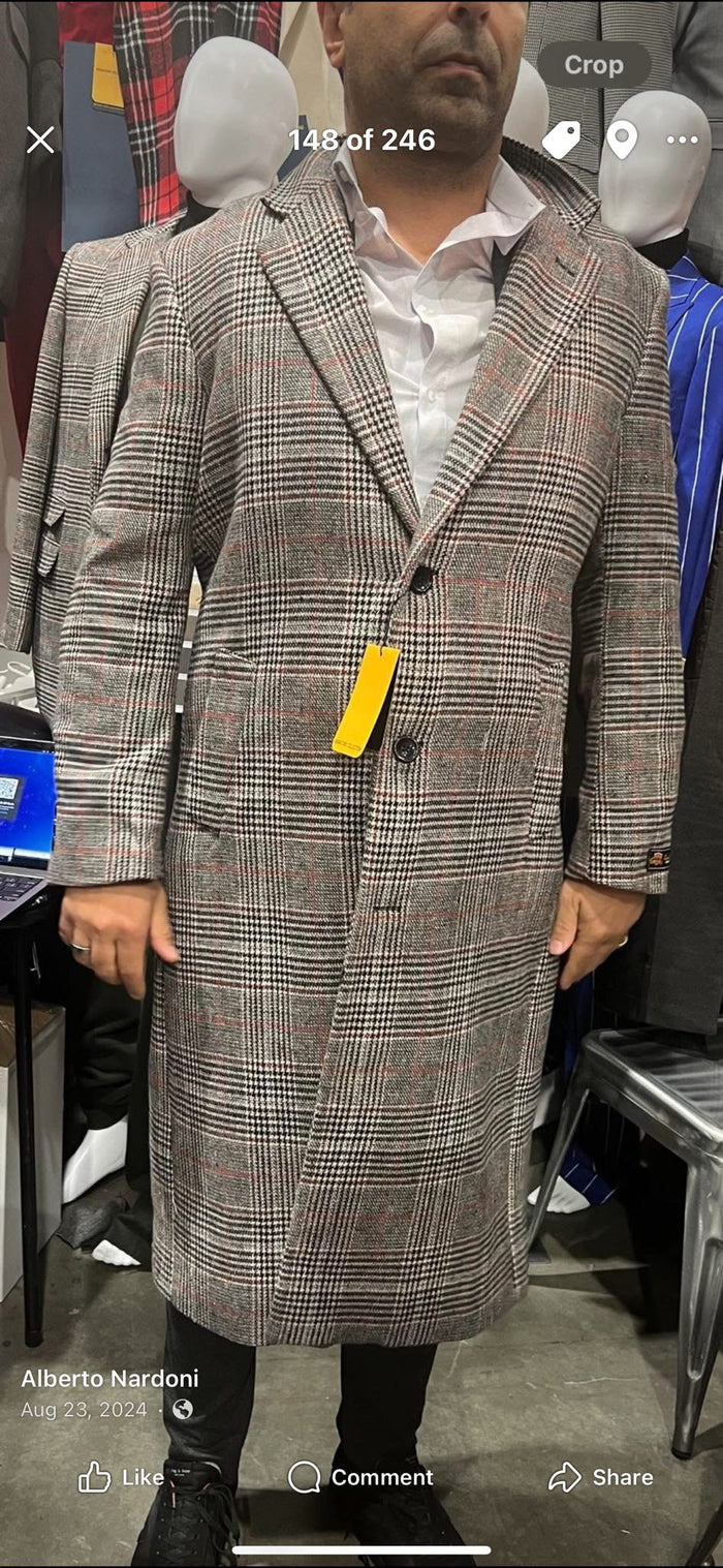 Long Plaid Checkered Wool Blend Overcoat for Men