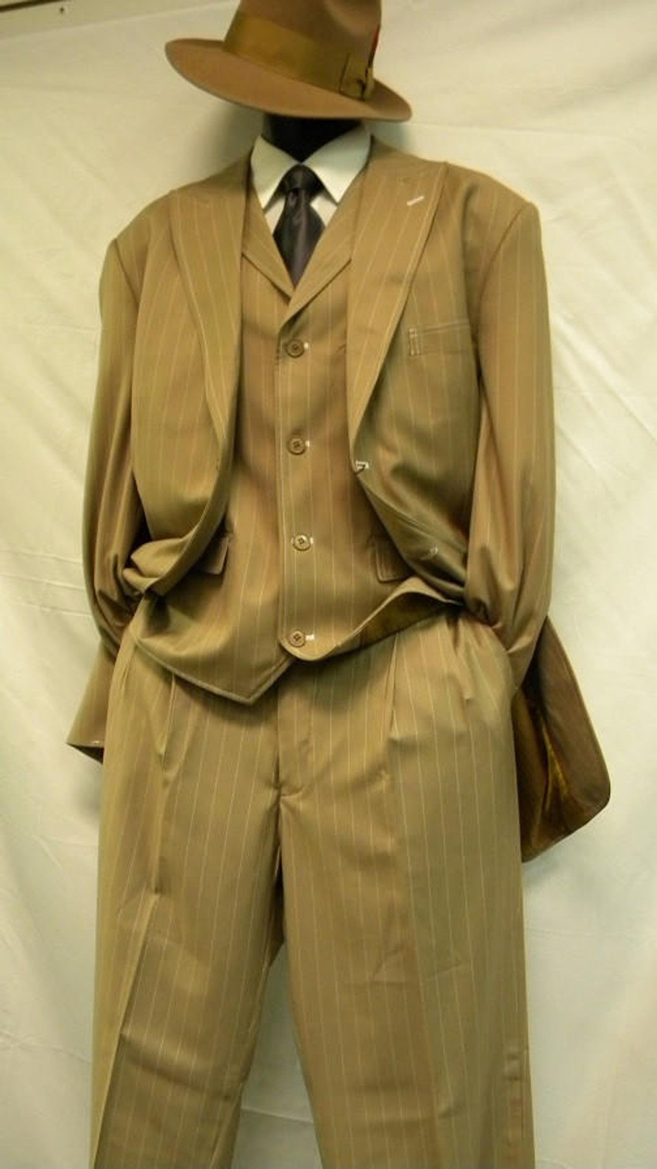 Mens Tan Pinstripe 1920s Gangster Zoot Suit