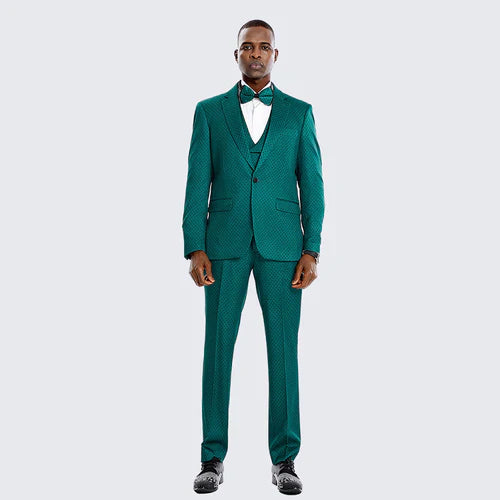 Men’s Emerald Green Textured 3-Piece Suit – Polk Dot Pattern Formal Wedding, Prom, and Evening Wear Outfit