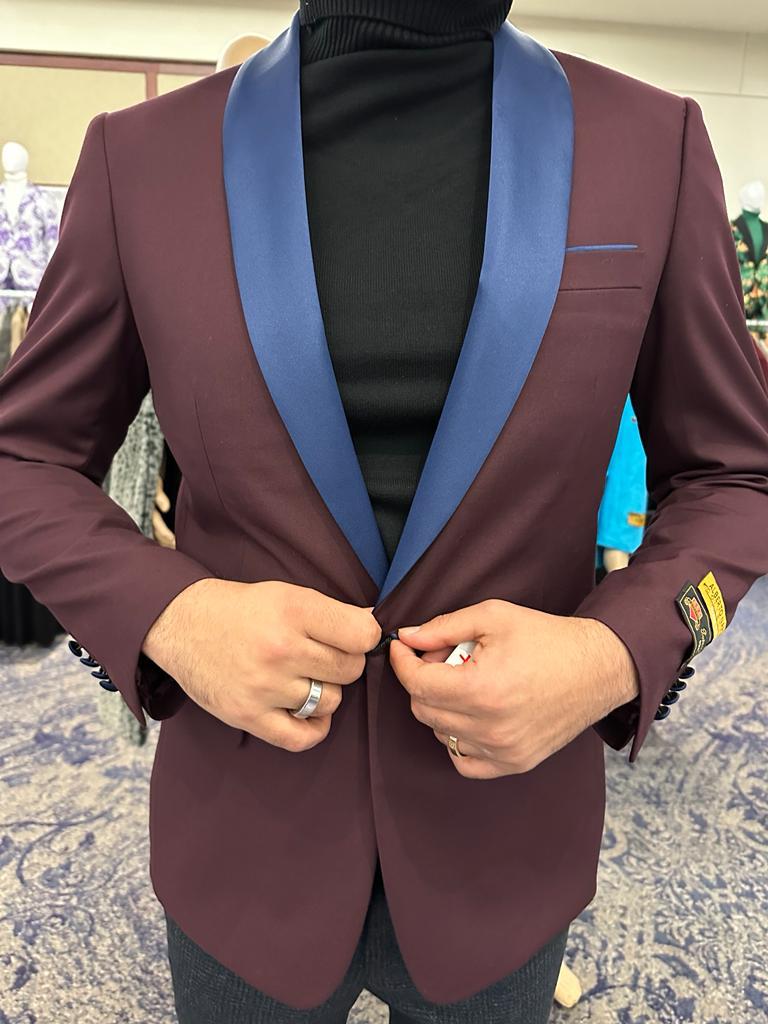 Mens Burgundy Tuxedo Dinner Jacket Blazer with Blue Satin Shawl Lapel  Wedding and Party Jacket