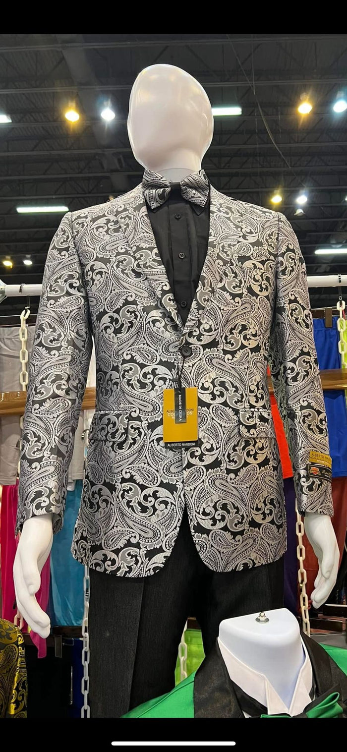 Men’s Black and Silver Paisley Tuxedo Jacket wiith Matching Bow Tie and Black Pants