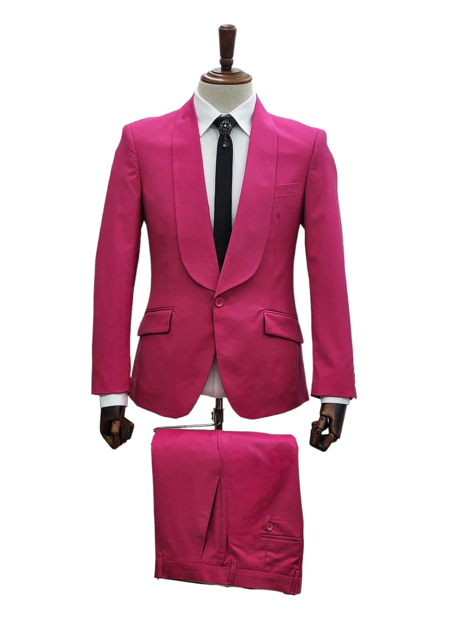 Mens Hot Pink Tuxedo Dinner Jacket + Pants with Shawl Lapel – Slim Fit 2-Piece Suit for Weddings, Proms Suit in Fuchsia Color