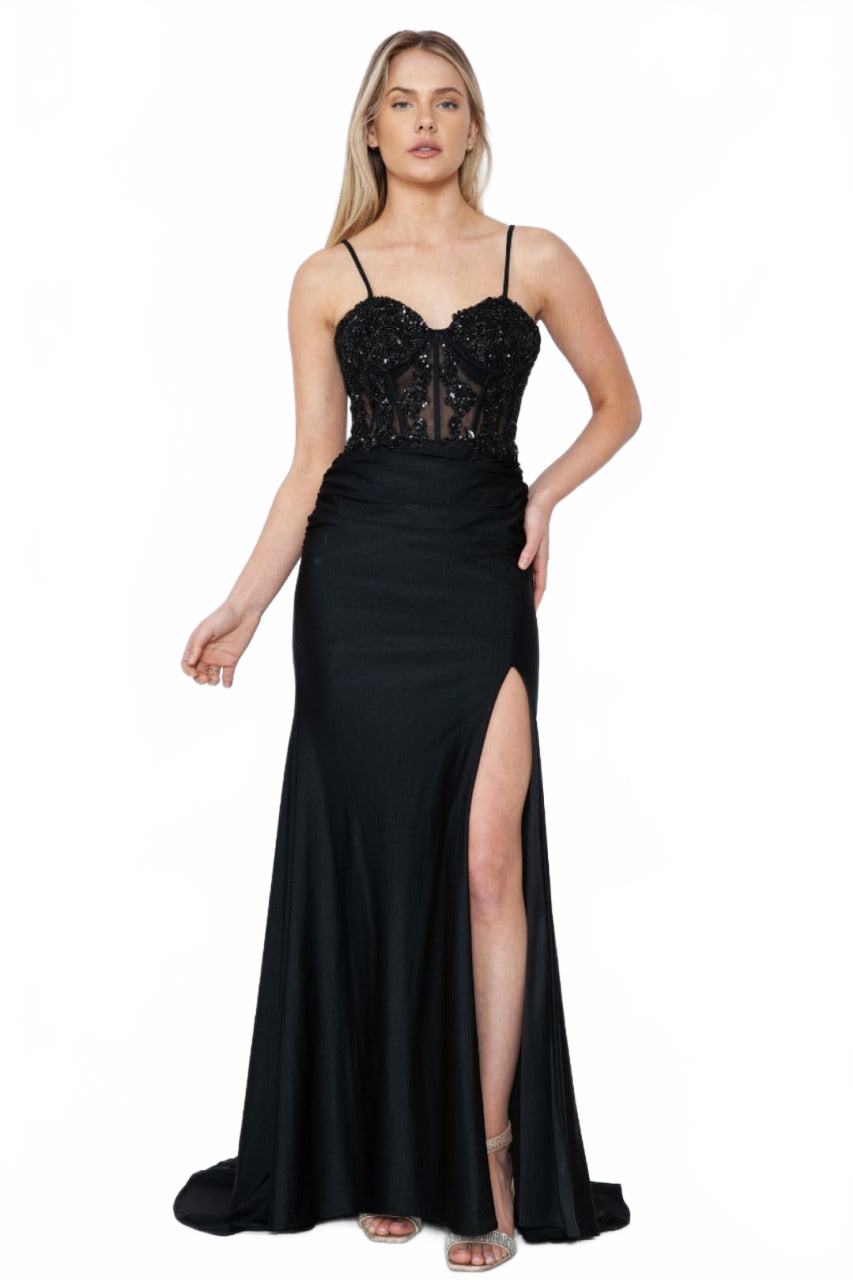 Poly USA 9138 Spaghetti Strap Corset Sheer Embroidered Prom Dress