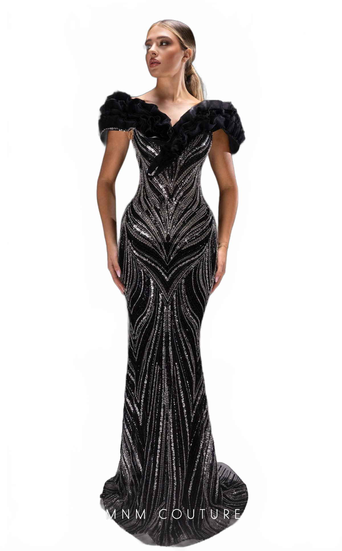 MNM Couture K4218 Black Open Back Mermaid Evening Gown