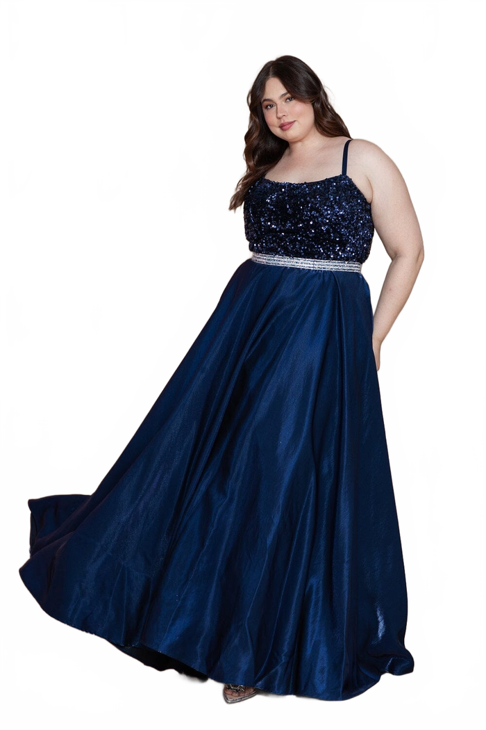Poly USA W1018 Plus Size Long Satin Dress with Sequin Bodice