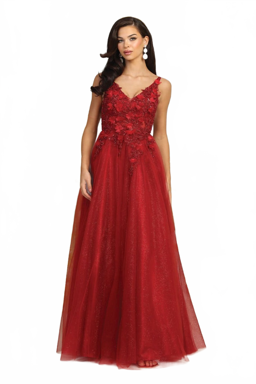May Queen MQ2015 Sleeveless 3D Floral Embellished Evening Tulle Gown