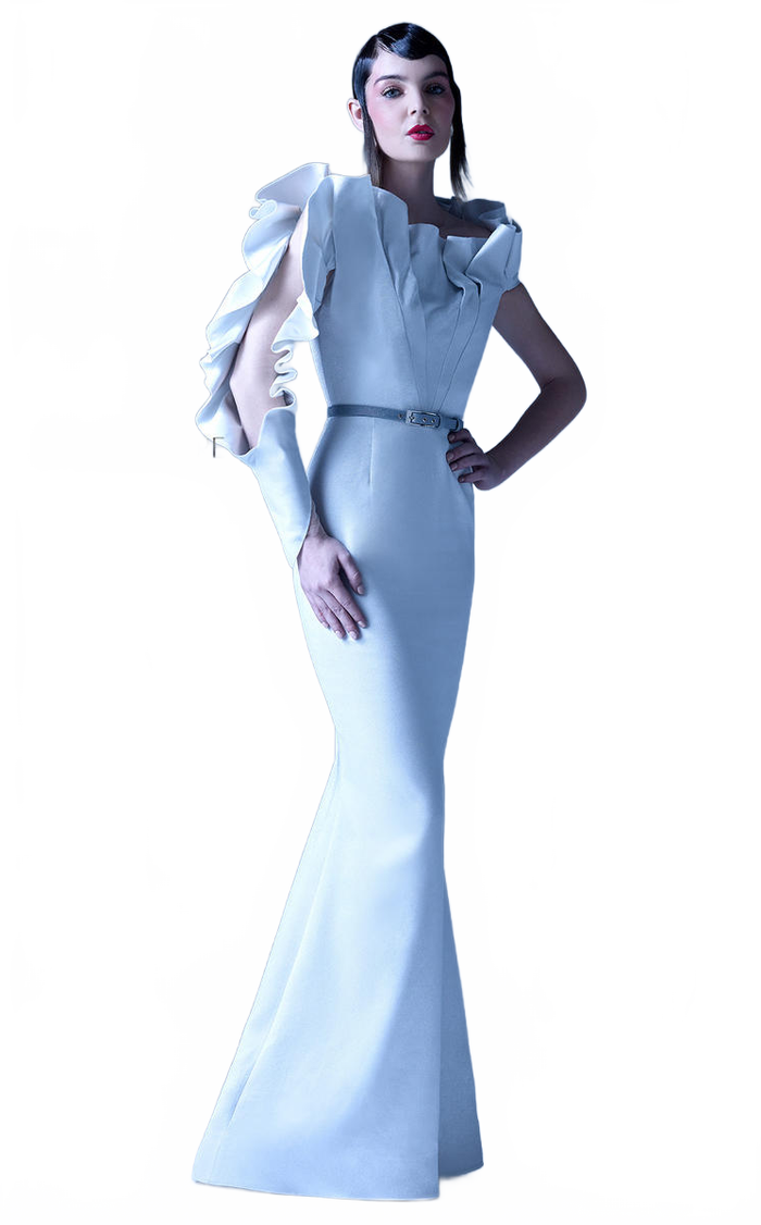 MNM Couture Gaby Charbachy G0934 Silver One-Sleeve Ruffle Evening Dress