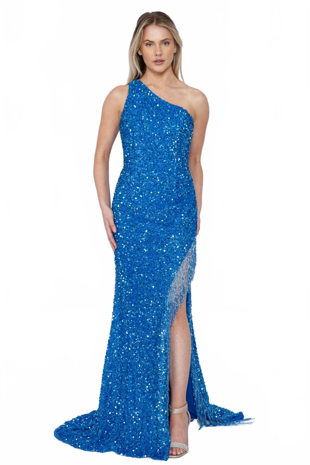 Poly USA 8984 One Shoulder Spaghetti Strap Sequin Dress with Fringe