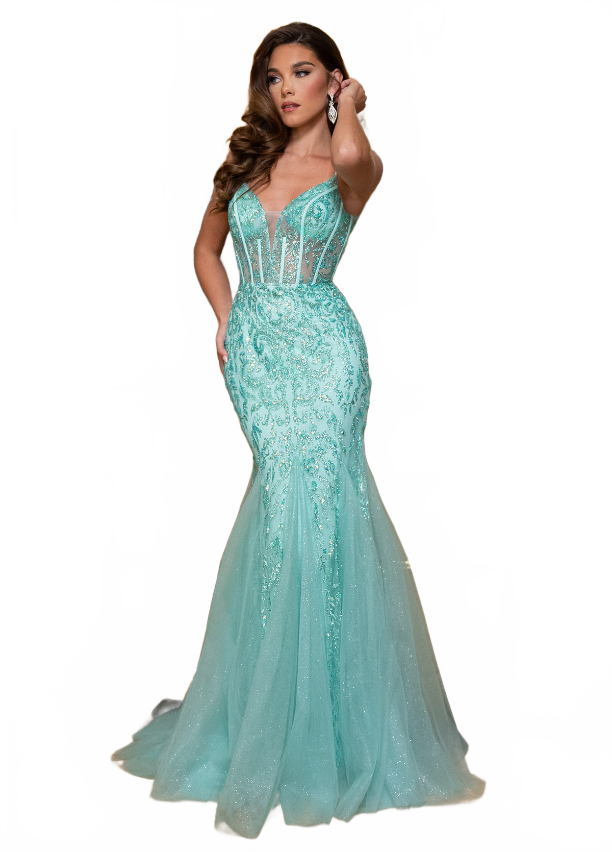 Rachel Allan 70750 Glitter Print Fitted Corset Gown