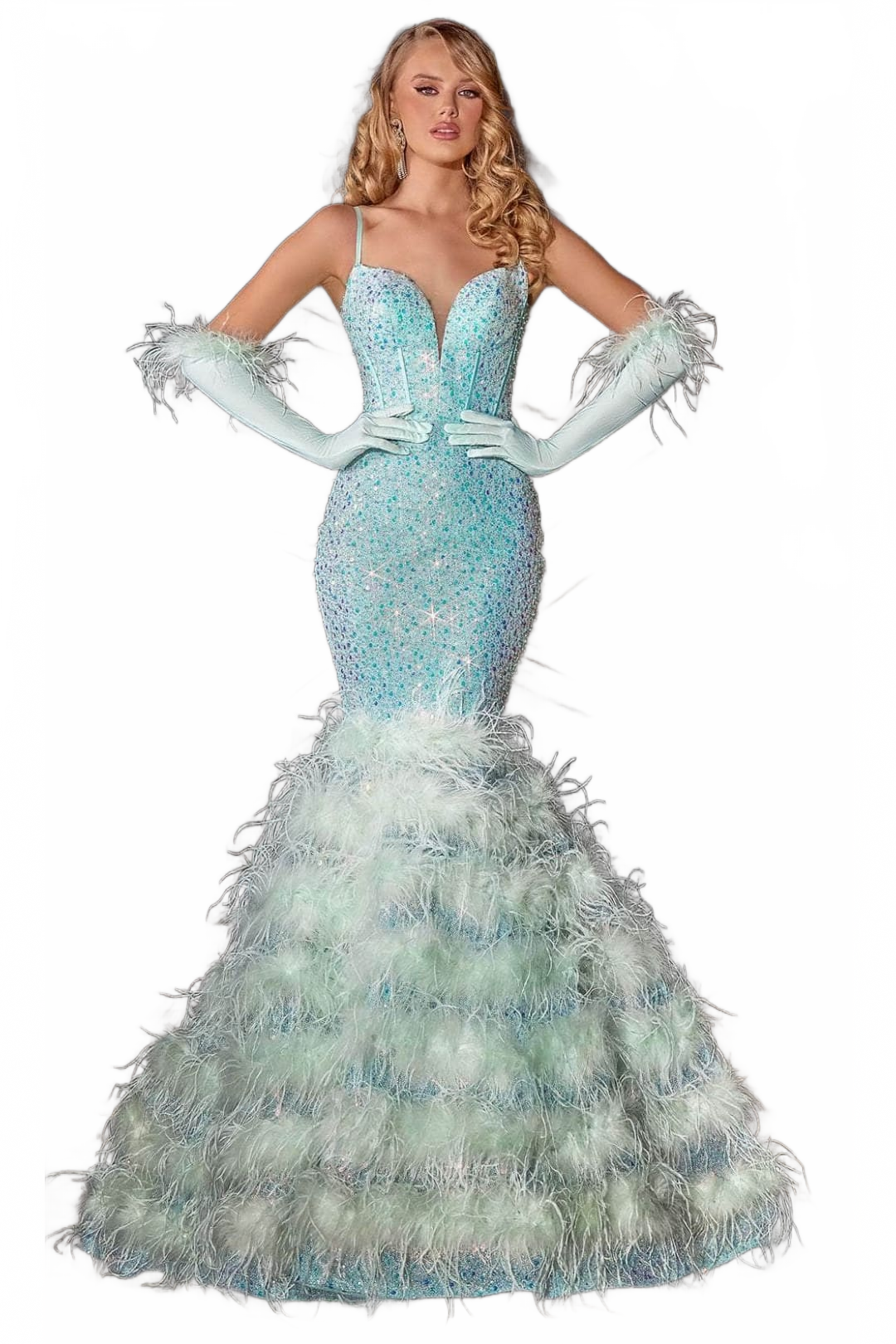 Portia and Scarlett PS24037 -long- Trumpet Prom Dress with Feather Details