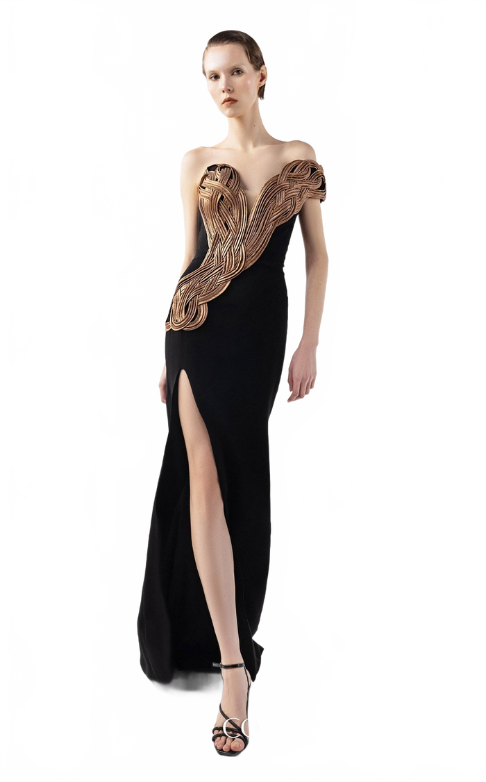 Gaby Charbachy G2043 Black Crepe Off-Shoulder Couture Evening Gown by MNM Couture