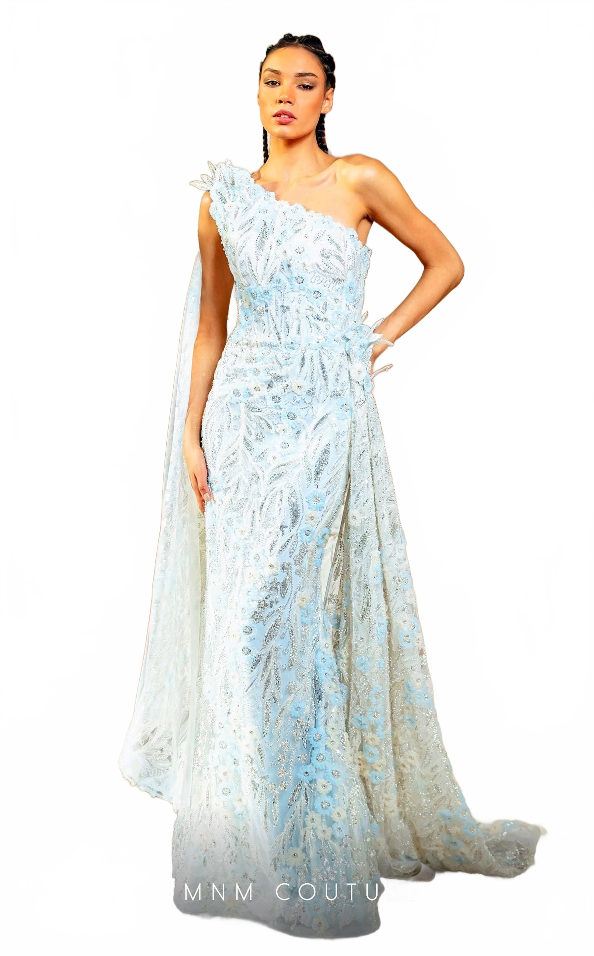 MNM Couture K4173 One-Shoulder Blue Embroidered Evening Gown