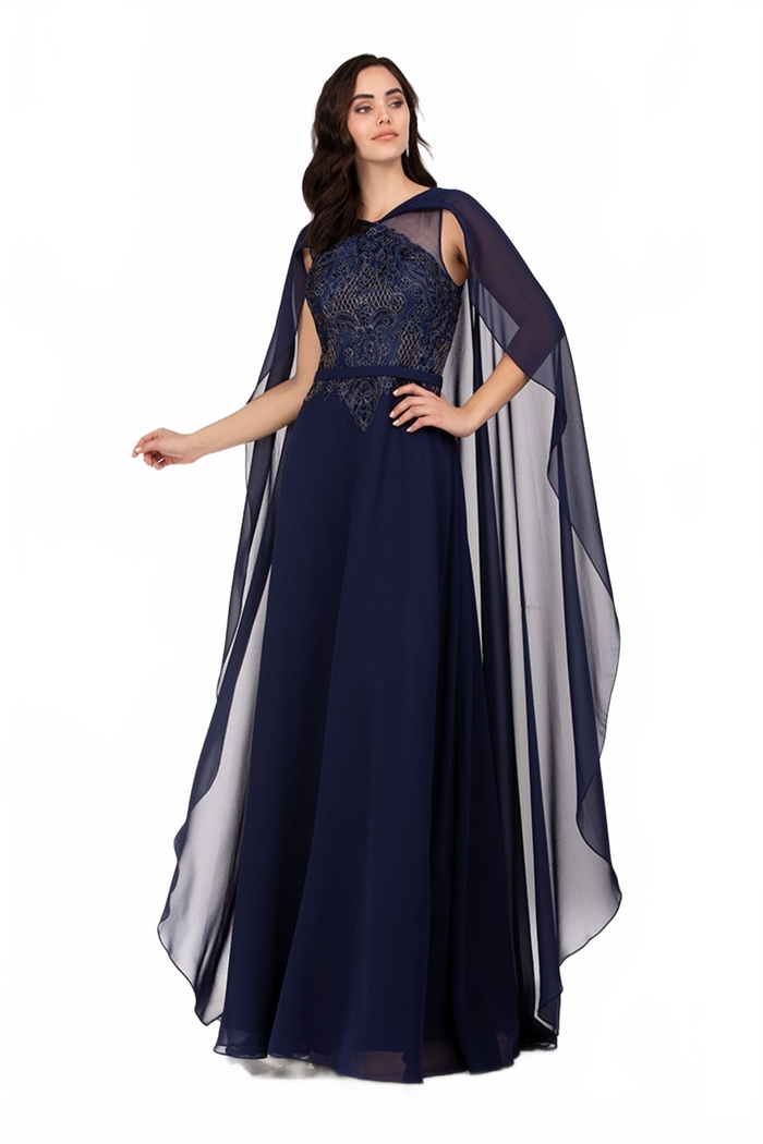 Abby Paris 96067 Lace Cape Gown with Flowing A-line Skirt